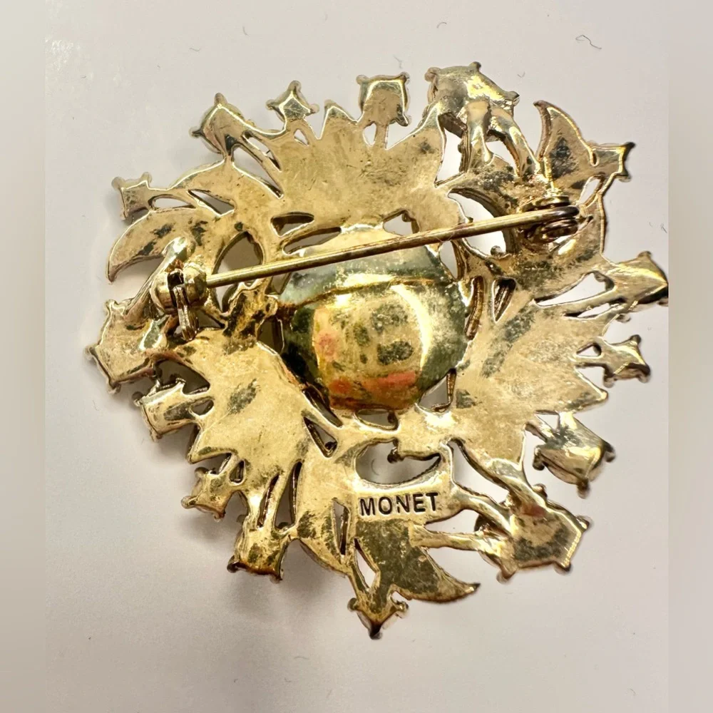 Vintage Monet Faux Pearl Rhinestone Floral Brooch Gold Tone signed glamour